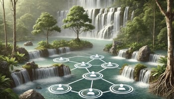 An abstract illustration of a cascading waterfall splitting into multiple pools of water, symbolizing the concept of delegation and the distribution of tasks. The serene scene features natural elements like rocks, flowing water, and lush greenery, emphasizing clarity, flow, and teamwork.