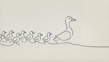 A minimalist line drawing titled 'Transitioning from Contributor to Manager – Accountability Without Control.' The image depicts a duck leading a line of ducklings in a single-file formation, symbolizing leadership, guidance, and teamwork. The plain white background emphasizes simplicity and abstraction, aligning with the theme of indirect influence and shared direction.