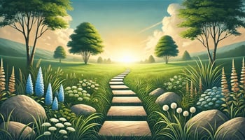 An inspiring image for the blog titled 'The Comfort Zone Trap: How to Step Out Without Overwhelming Yourself,' featuring a serene path with small stepping stones leading through lush green grass and wildflowers toward a glowing horizon, symbolizing gradual progress and personal growth.