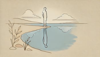 Minimalistic line drawing of a person standing at the edge of a calm lake, gazing at their reflection in the water. The serene scene uses soft blue accents for the lake and earth tones for the surroundings, evoking introspection, self-awareness, and personal growth.