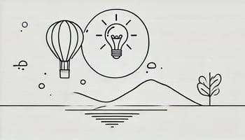 A minimalist line drawing of a hot air balloon floating upward into the sky. In the background, the sun is creatively depicted as a glowing lightbulb, radiating soft rays. The scene is simple and whimsical, implying curiosity and growth.