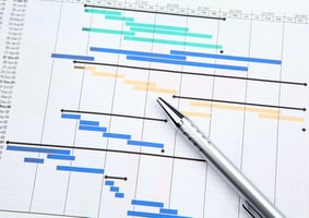 A Gantt chart displaying a structured job search timeline, with tasks like resume updates, networking, job applications, and interview preparation mapped across weeks. The visual represents an organized approach to managing the job search process effectively