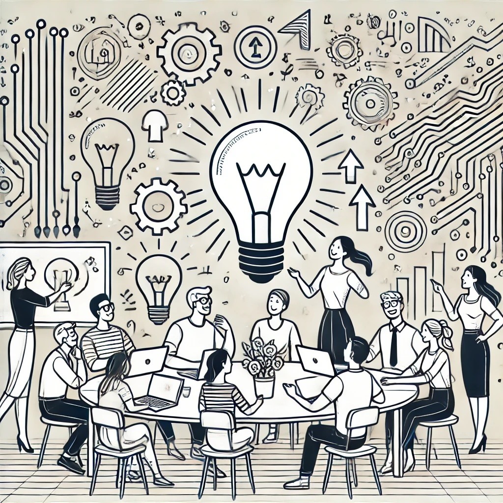 a conference table with a large lightbulb shining brightly above it