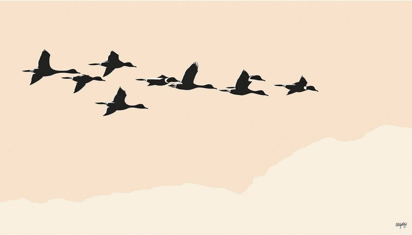 A minimalist illustration of a flock of ducks flying south in a V formation against a soft, muted sky. The drawing features clean lines and a simple color palette, emphasizing movement and seasonal migration.