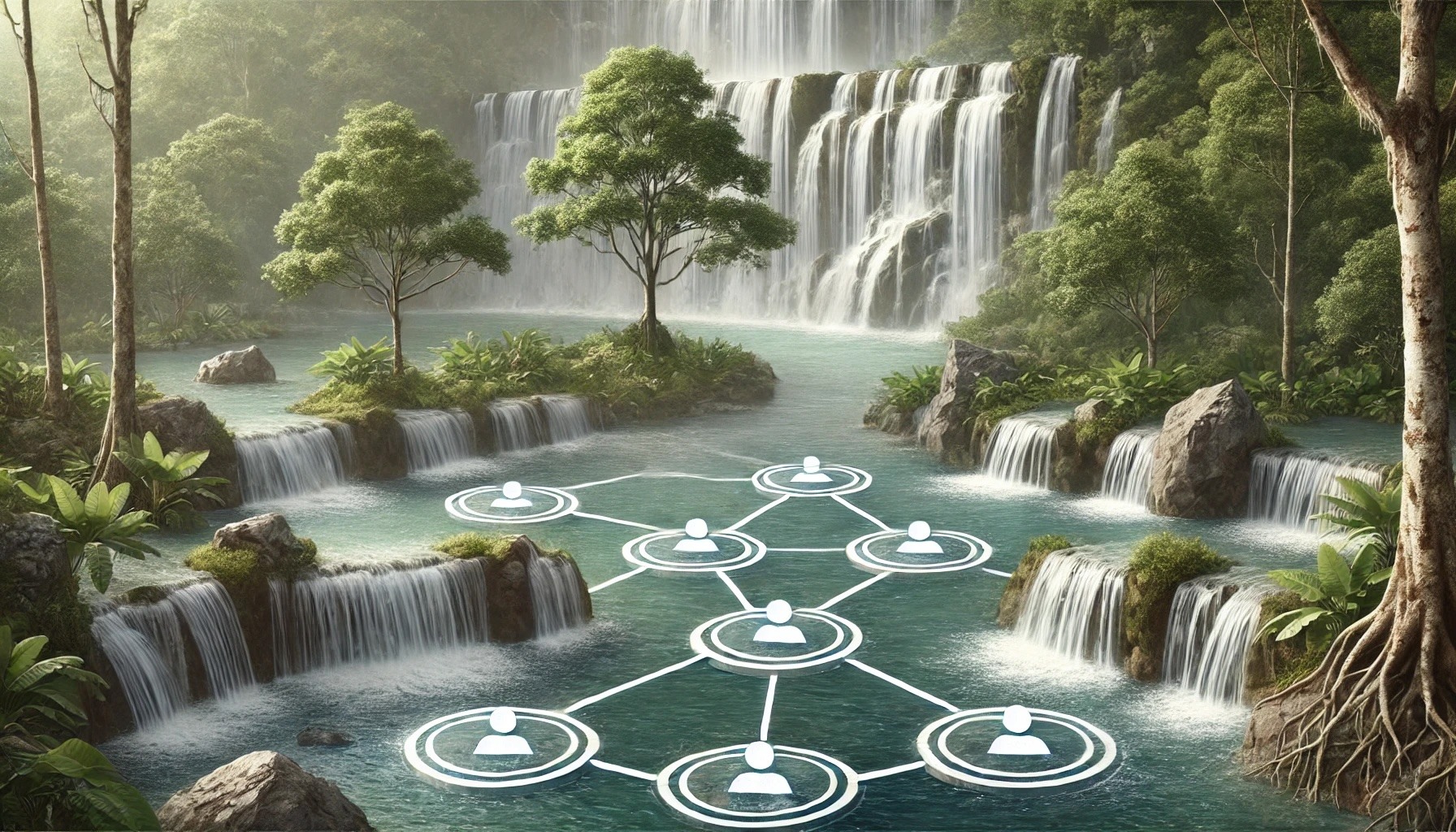An abstract illustration of a cascading waterfall splitting into multiple pools of water, symbolizing the concept of delegation and the distribution of tasks. The serene scene features natural elements like rocks, flowing water, and lush greenery, emphasizing clarity, flow, and teamwork.