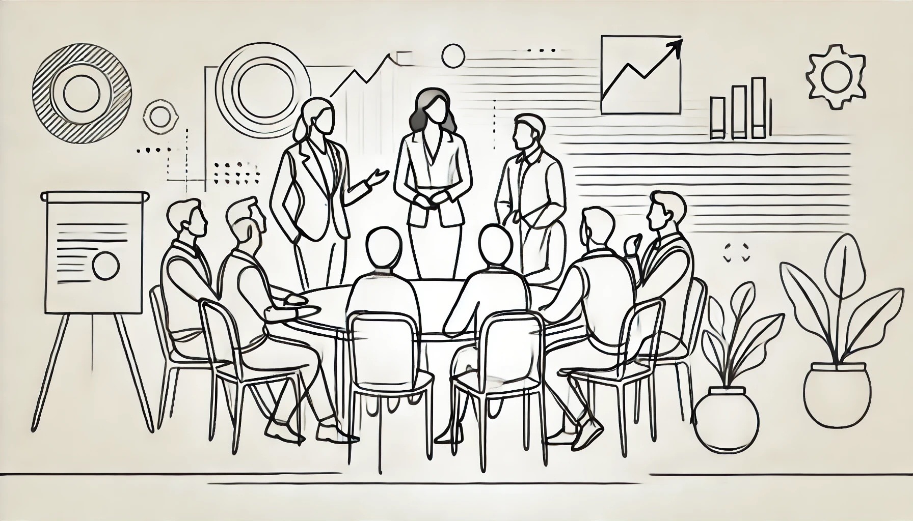 A minimalist line drawing titled 'My Journey to Coaching,' featuring the author surrounded by diverse figures representing her mentors, coaches, and sponsors. The illustration symbolizes her entire support system, highlighting collaboration, guidance, and personal growth.