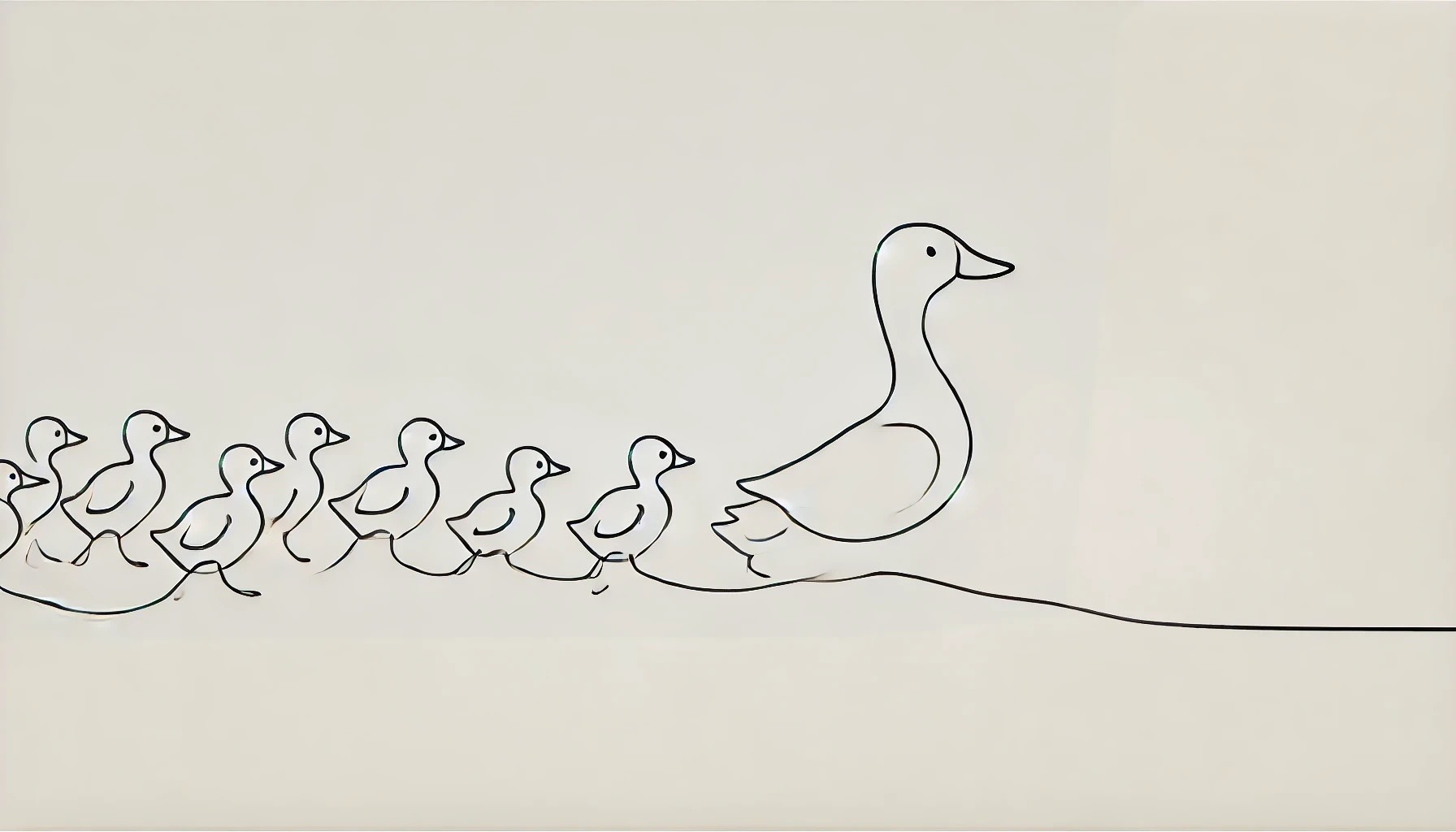 A minimalist line drawing titled 'Transitioning from Contributor to Manager – Accountability Without Control.' The image depicts a duck leading a line of ducklings in a single-file formation, symbolizing leadership, guidance, and teamwork. The plain white background emphasizes simplicity and abstraction, aligning with the theme of indirect influence and shared direction.