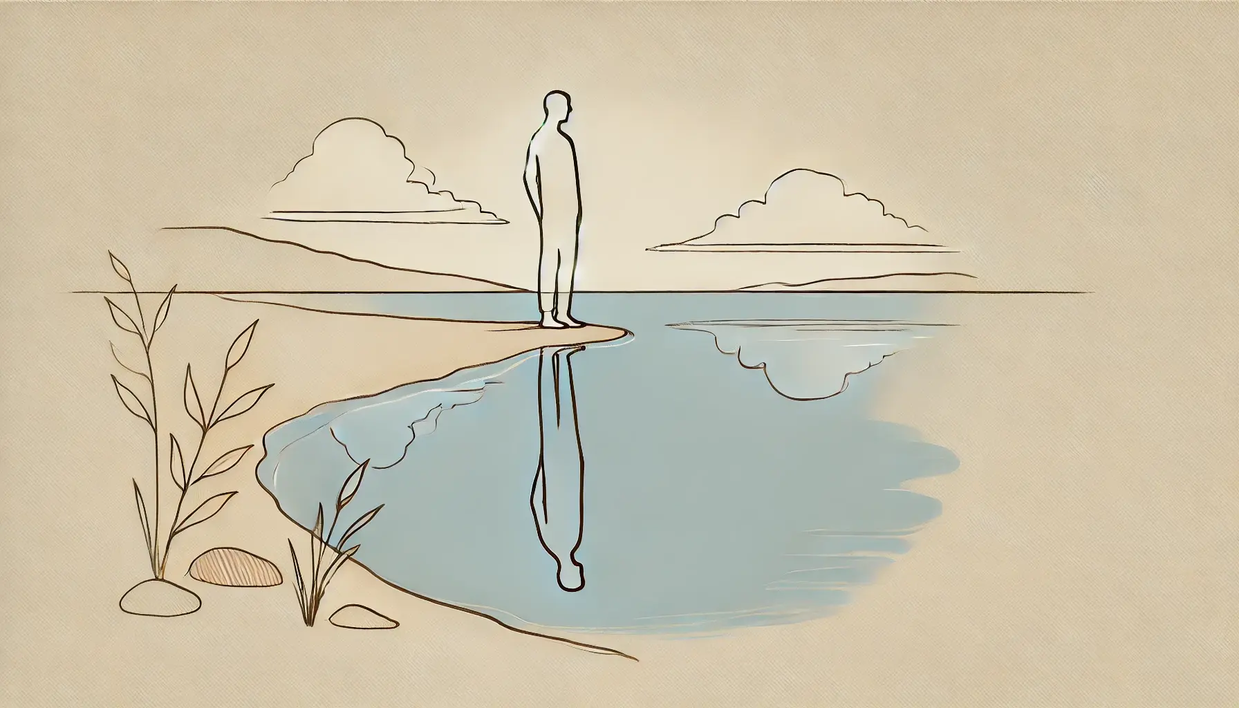 Minimalistic line drawing of a person standing at the edge of a calm lake, gazing at their reflection in the water. The serene scene uses soft blue accents for the lake and earth tones for the surroundings, evoking introspection, self-awareness, and personal growth.