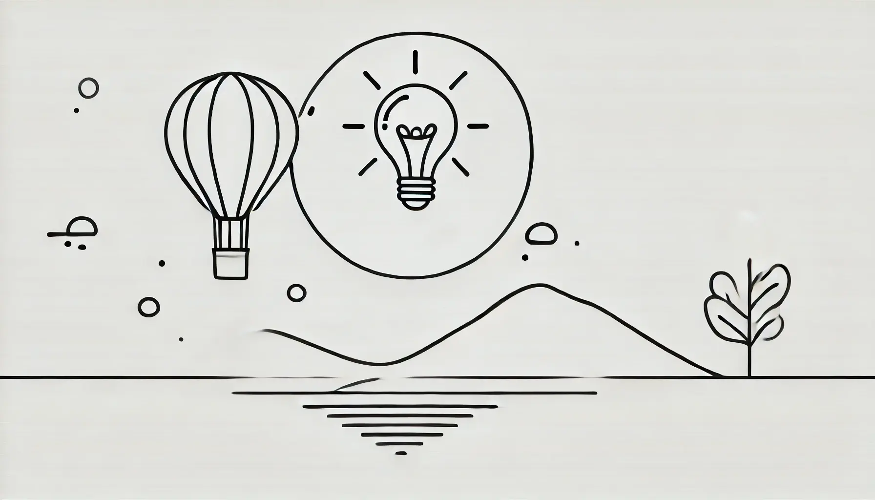 A minimalist line drawing of a hot air balloon floating upward into the sky. In the background, the sun is creatively depicted as a glowing lightbulb, radiating soft rays. The scene is simple and whimsical, implying curiosity and growth.